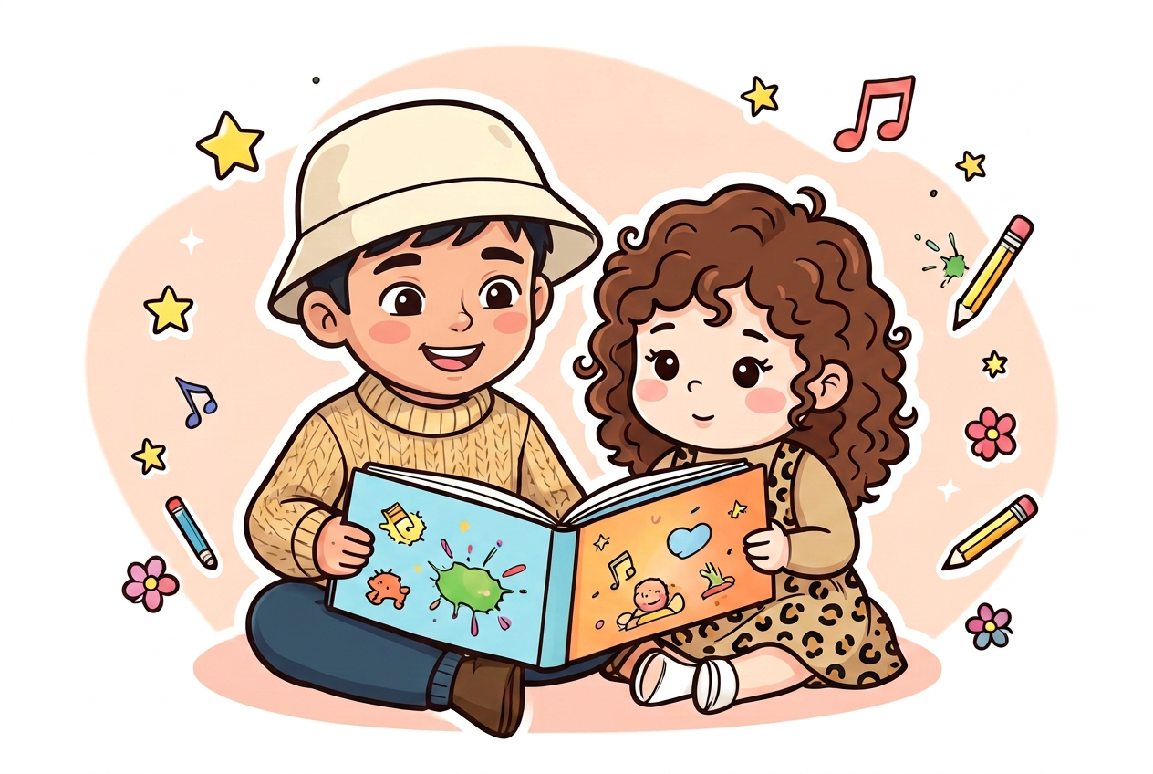 A happy 5-year-old boy and 3-year-old girl reading a book together
